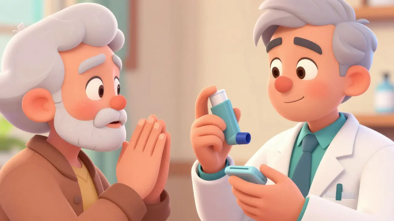 Pharmacist demonstrating inhaler use to an elderly patient with clear expressions