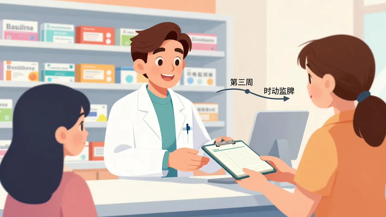 Pharmacist giving a patient a logbook for medication tracking