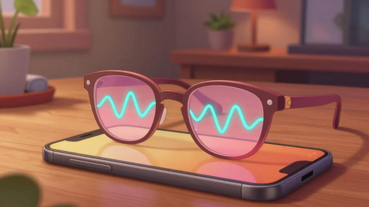 Rose-tinted FL-41 glasses blocking harmful blue light waves