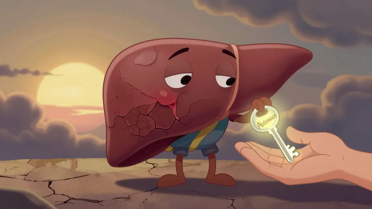 Scarred cartoon liver receiving a key of hope, symbolizing stability.