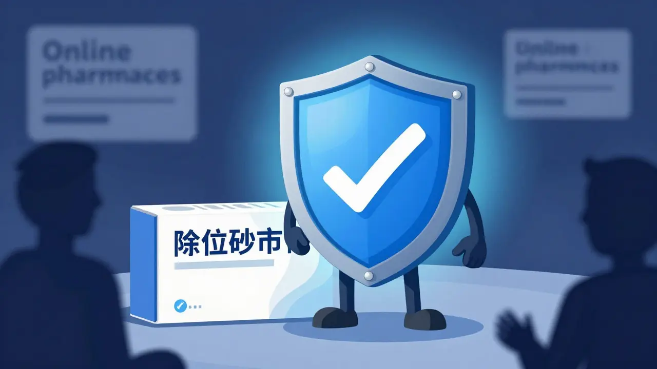 Shield character protecting medication box symbolizing safety