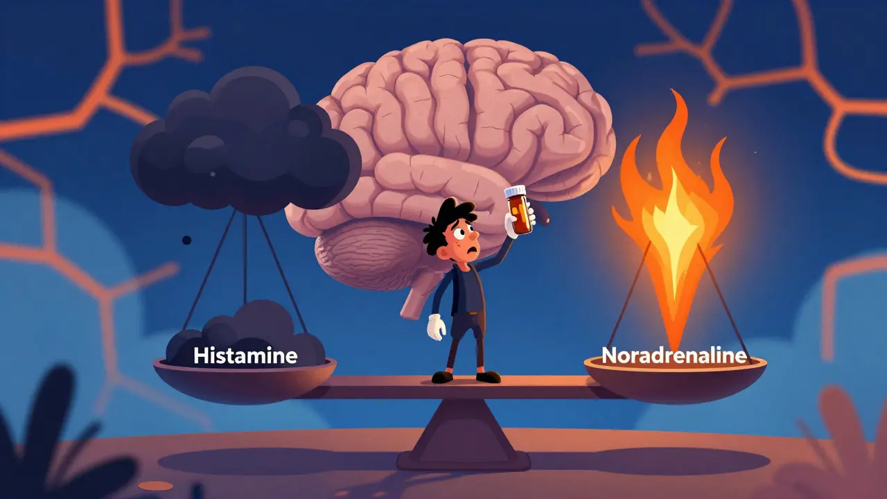 Conceptual scale showing noradrenaline lifting against histamine weight in a brain.
