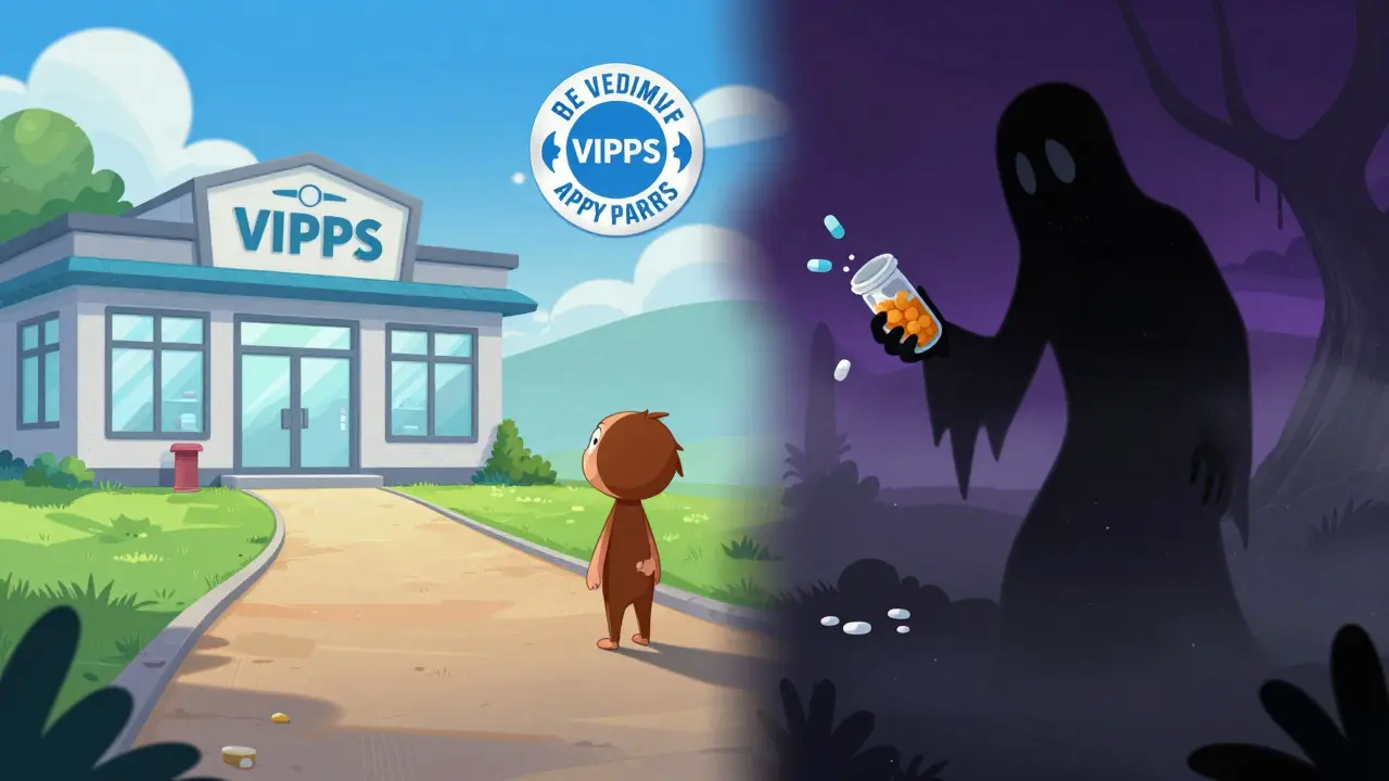 Disney-style cartoon showing safe pharmacy path vs dangerous scam site shadows for buying meds online.