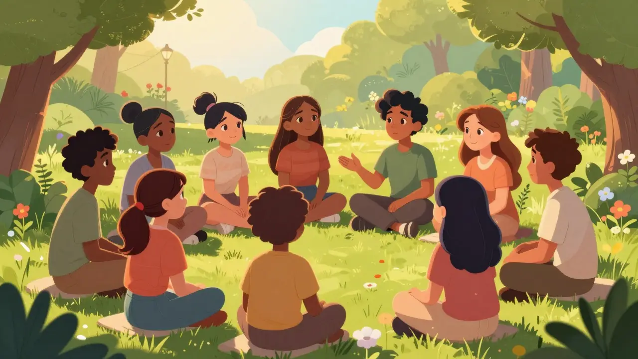 Diverse group supporting each other in a sunny park
