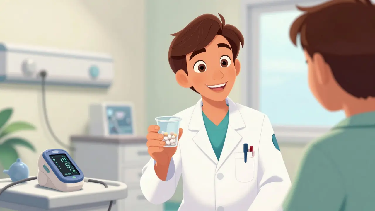 Doctor administering aspirin challenge test in clinic