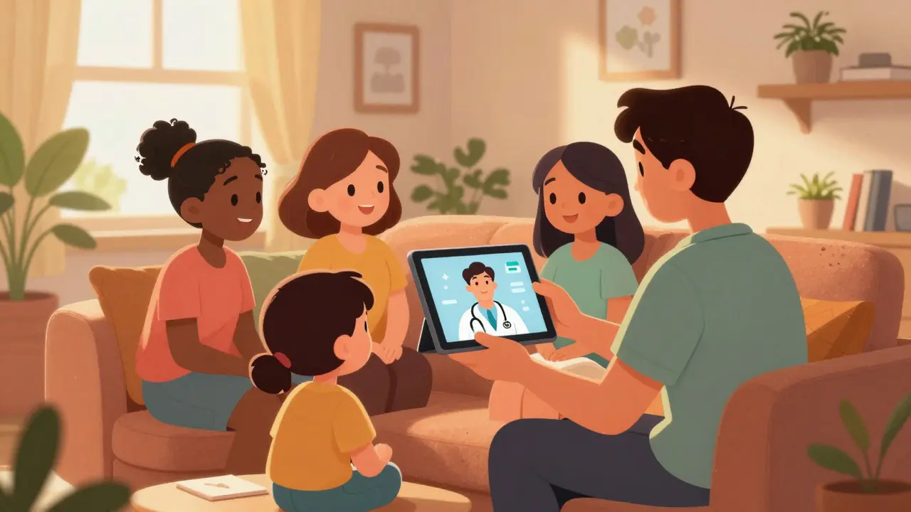 Family using tablet for telehealth consultation with doctor in warm, cozy Disney-style home setting.