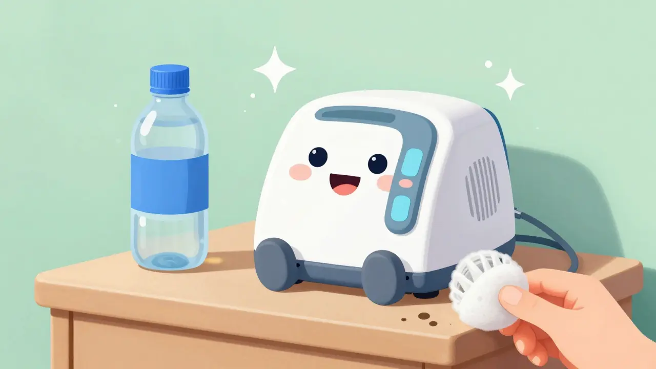 Friendly cartoon CPAP machine with clean filters and water