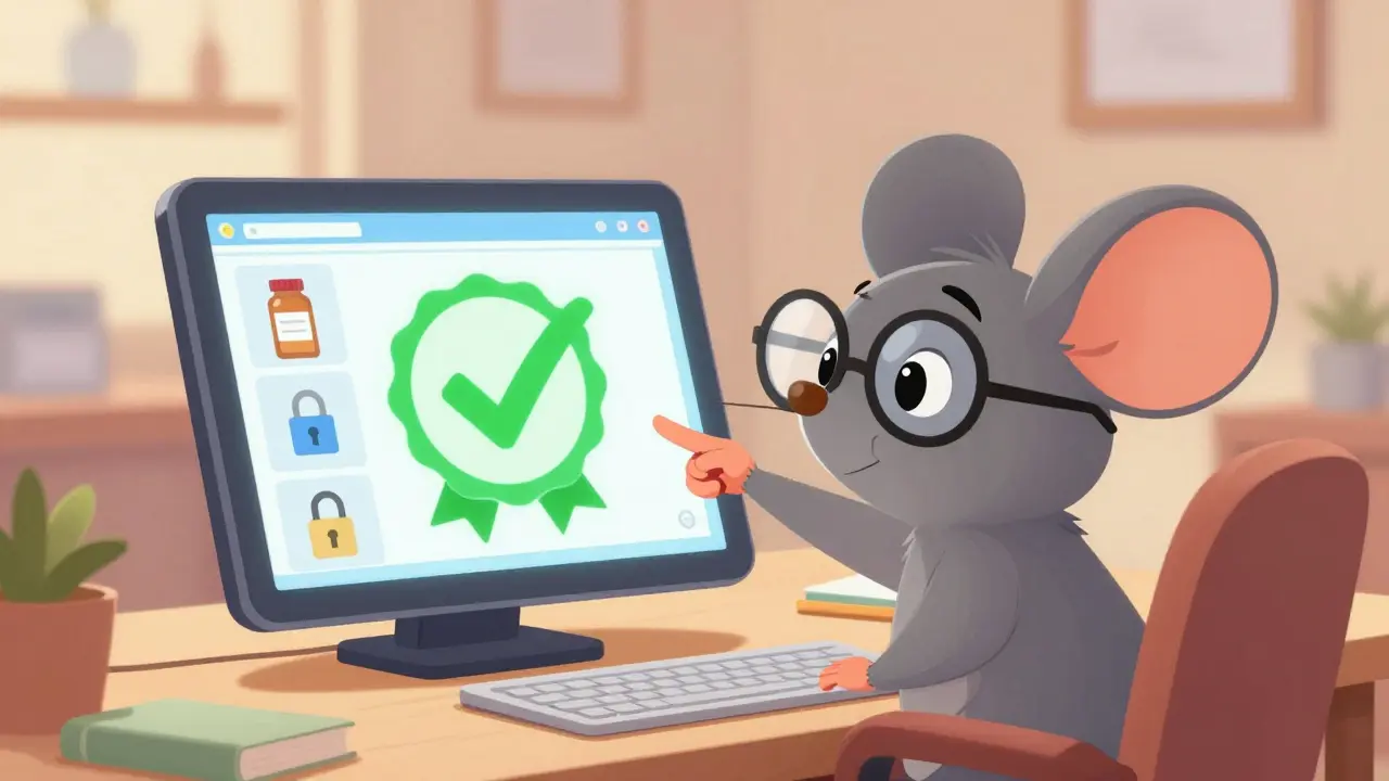 Friendly mouse points to verified safe pharmacy seal on tablet screen