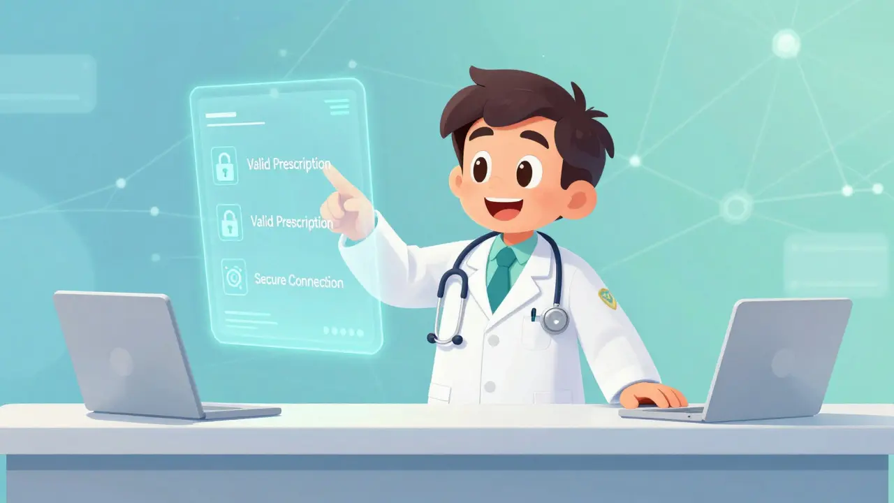 Friendly pharmacist character showing safety checklist for online meds