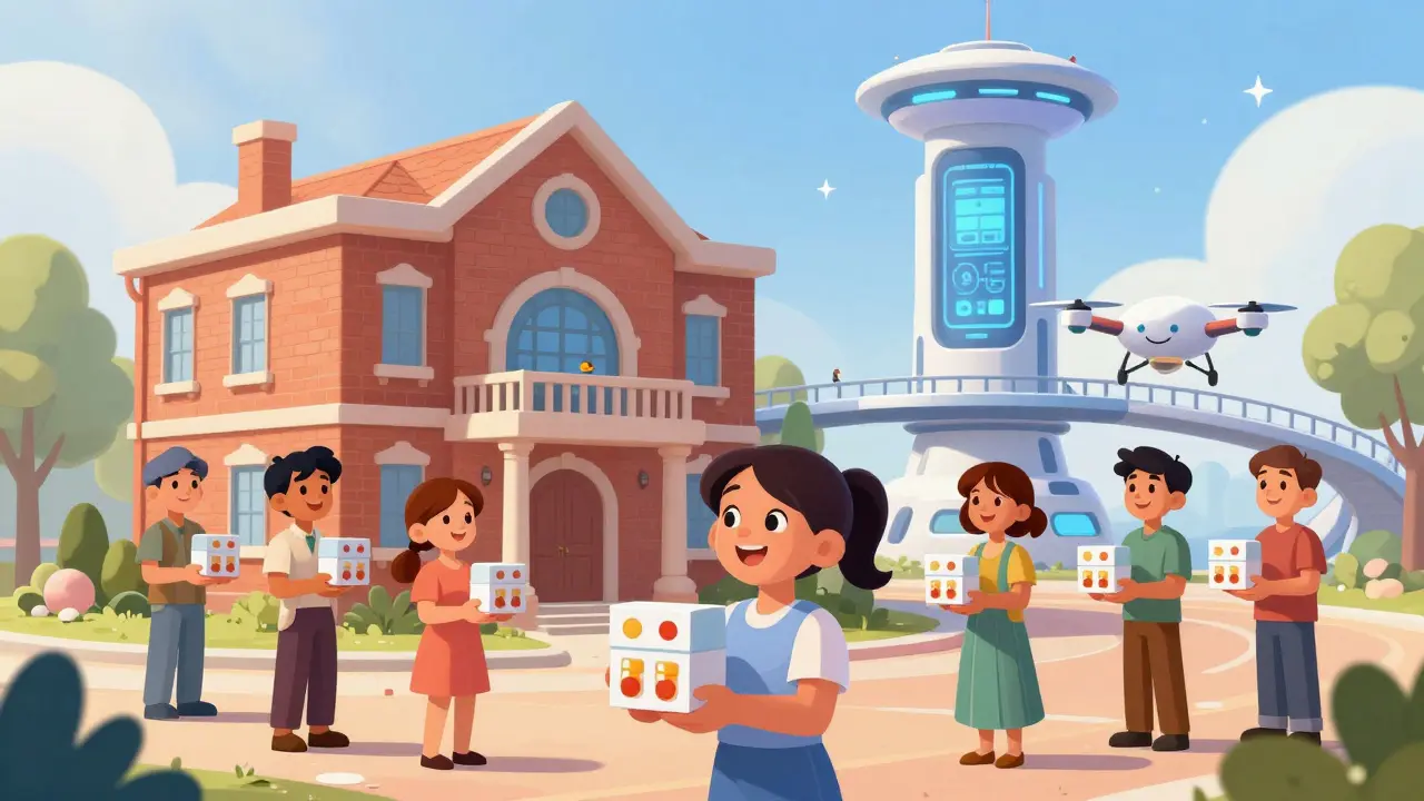 Futuristic hybrid pharmacy scene with drones delivering meds to smiling customers