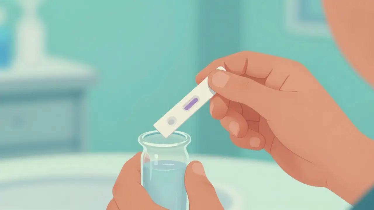 Hands using a fentanyl test strip in a clean, bright environment