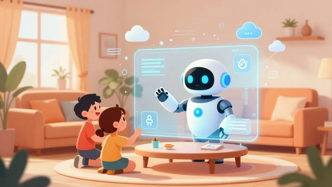Happy family using a friendly holographic telehealth assistant in a cozy home setting