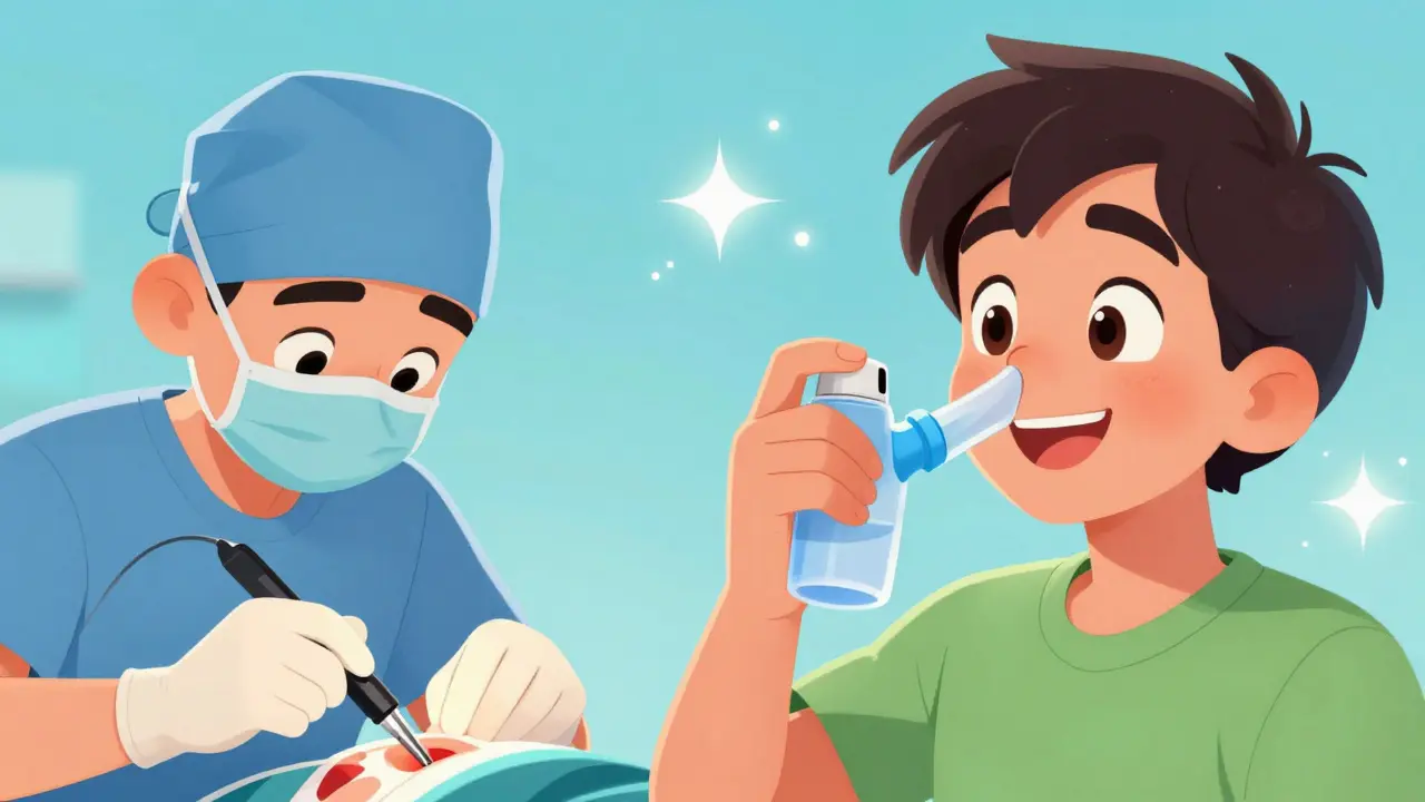 Patient undergoing sinus surgery and using inhalers