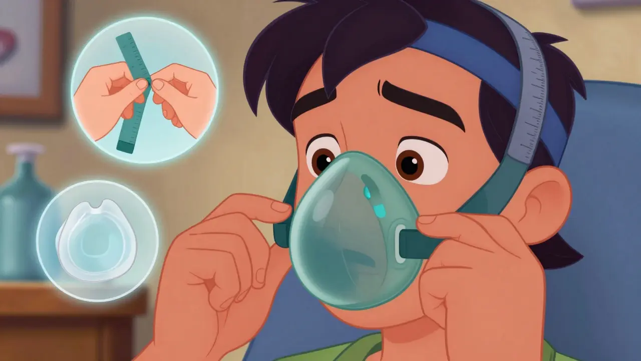 Person adjusting CPAP mask straps with floating guide icons