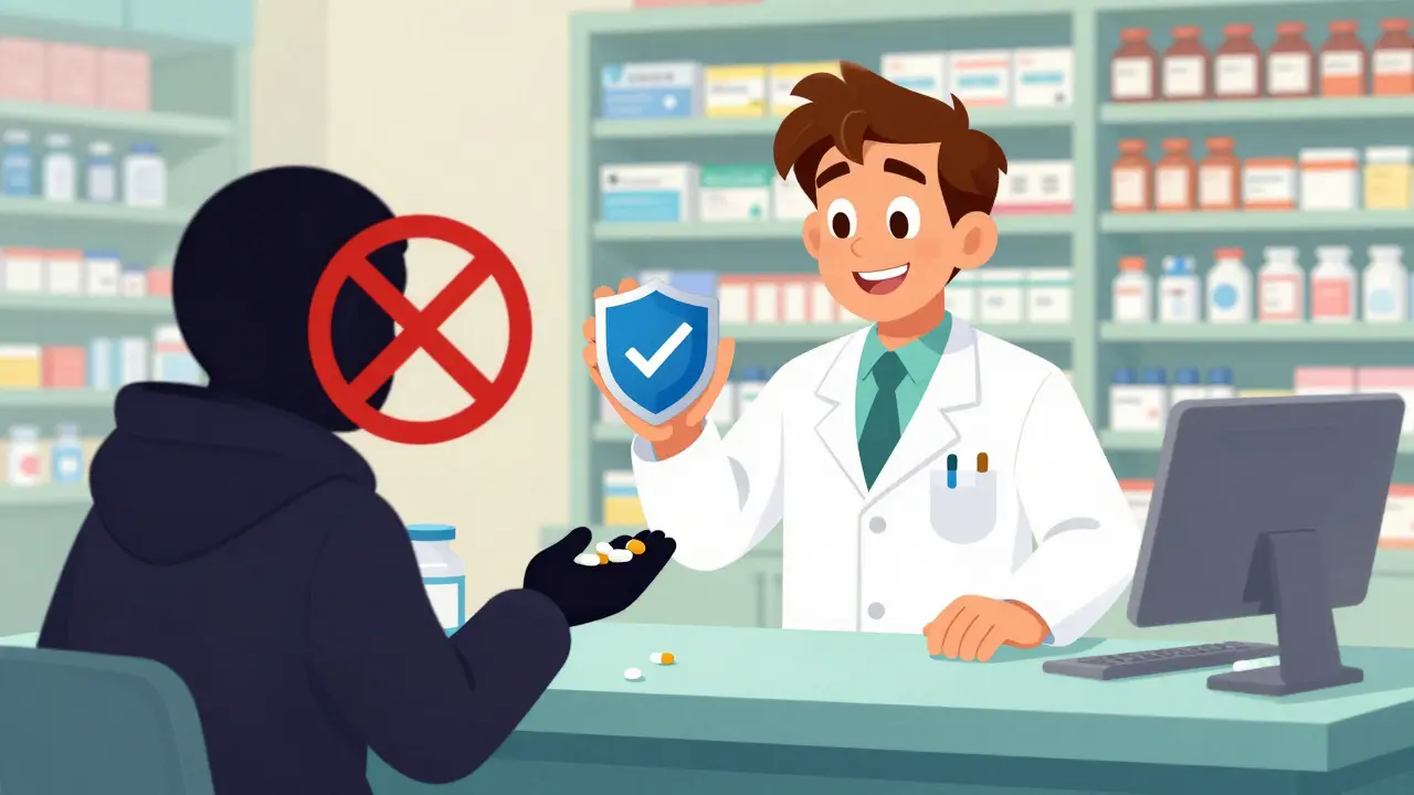 Pharmacist showing safety badge against counterfeit drugs