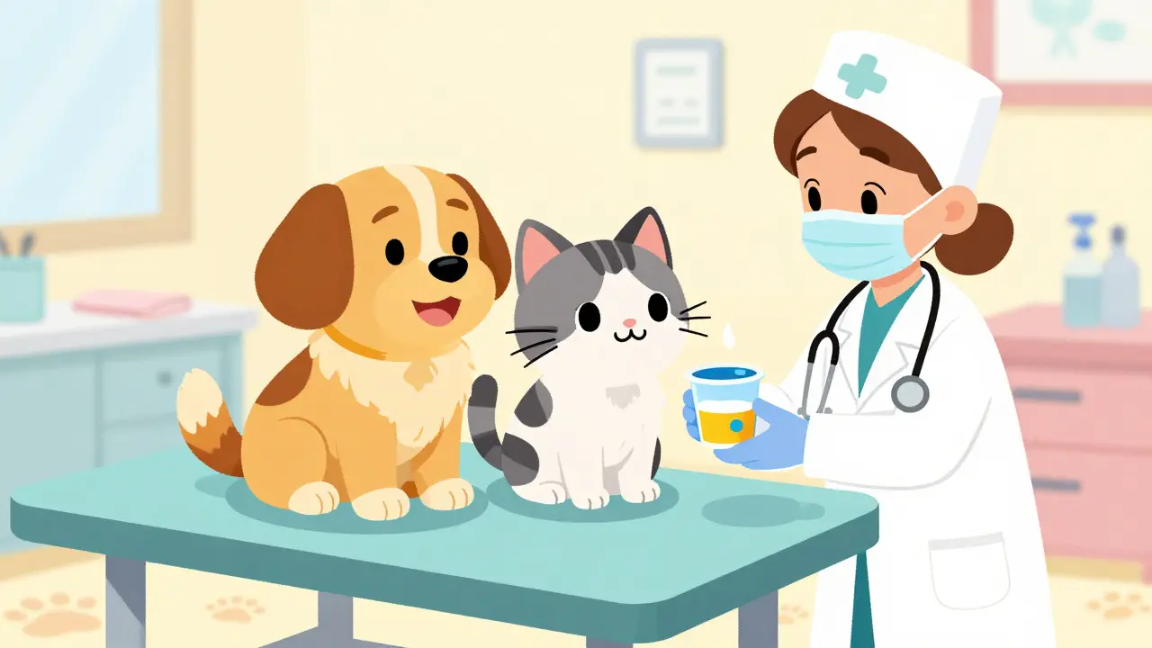 Vet giving liquid medicine to happy dog and cat in bright clinic