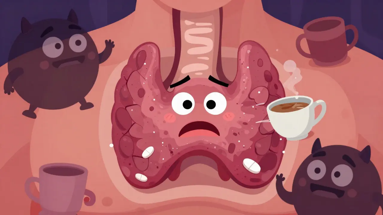 Cartoon thyroid blocked by coffee and supplement monsters