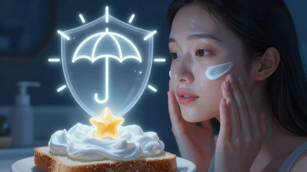 Character applying cream with sun protection shield