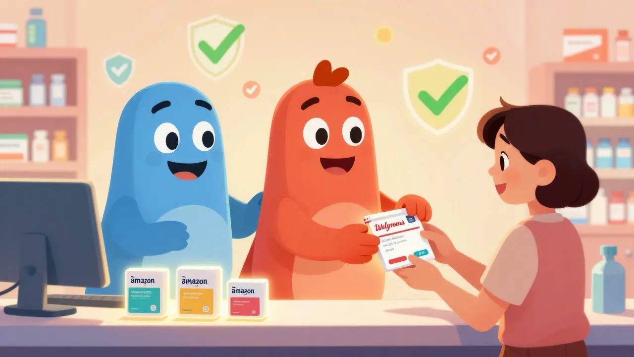 Cheerful pharmacy characters handing over verified medicine packages to a customer.