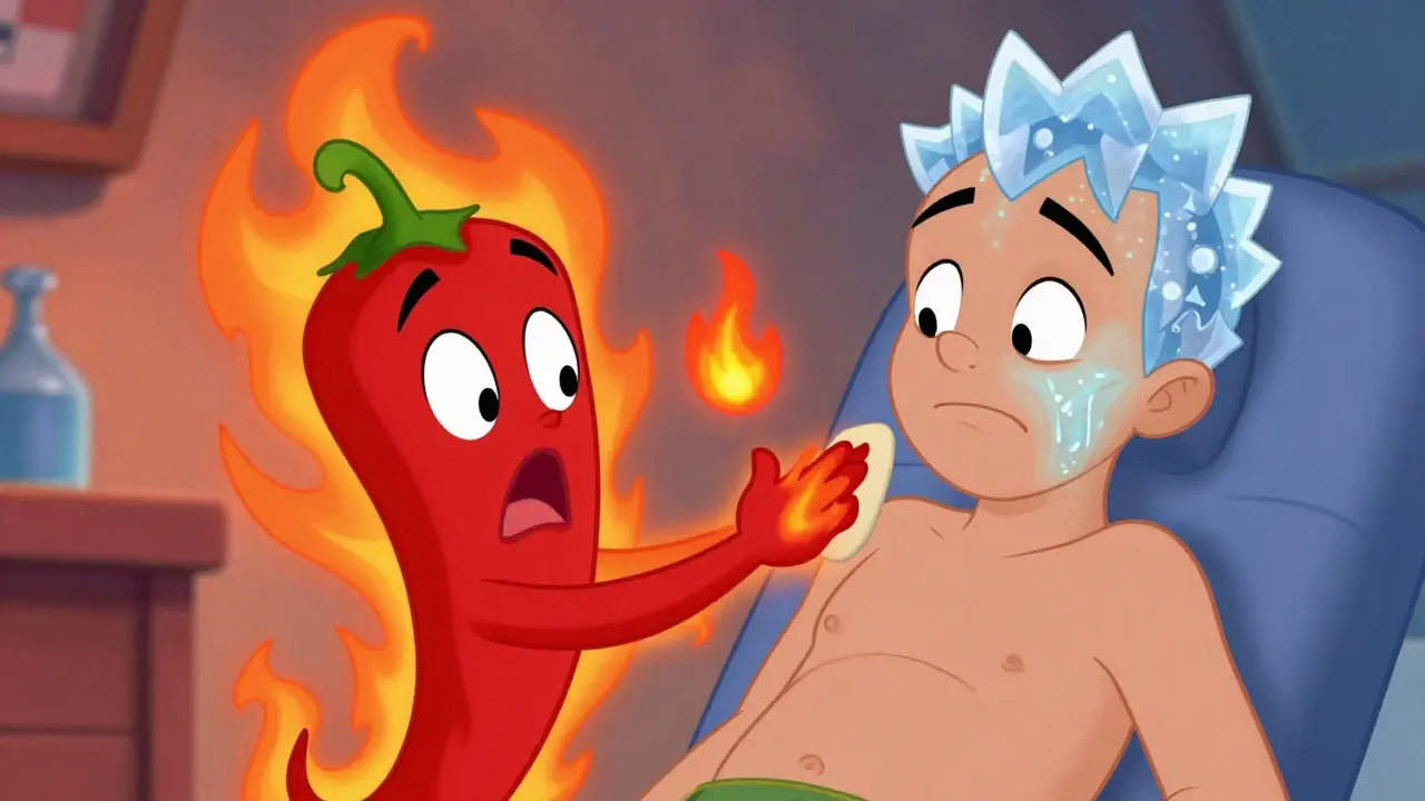 Chili pepper character applying capsaicin patch for relief