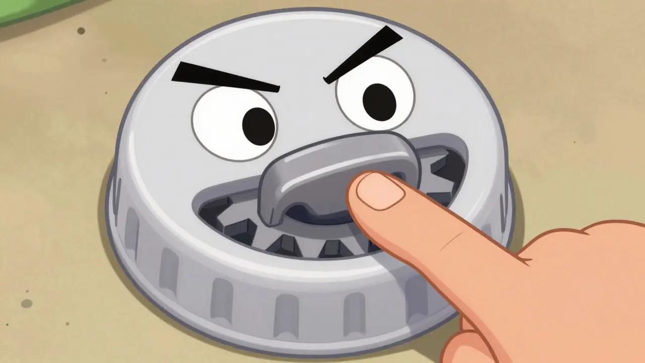 Close-up of push-and-turn cap mechanism with friendly animated gear details