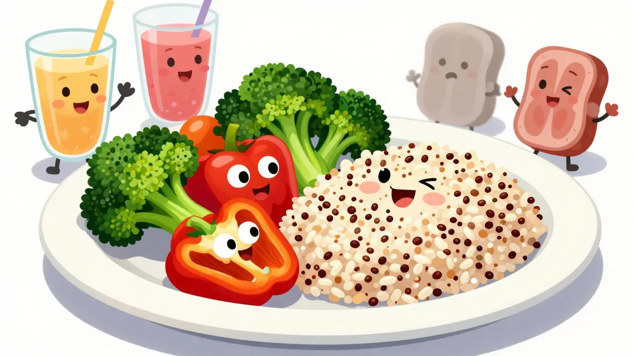 Colorful plate of veggies and grains vs junk food