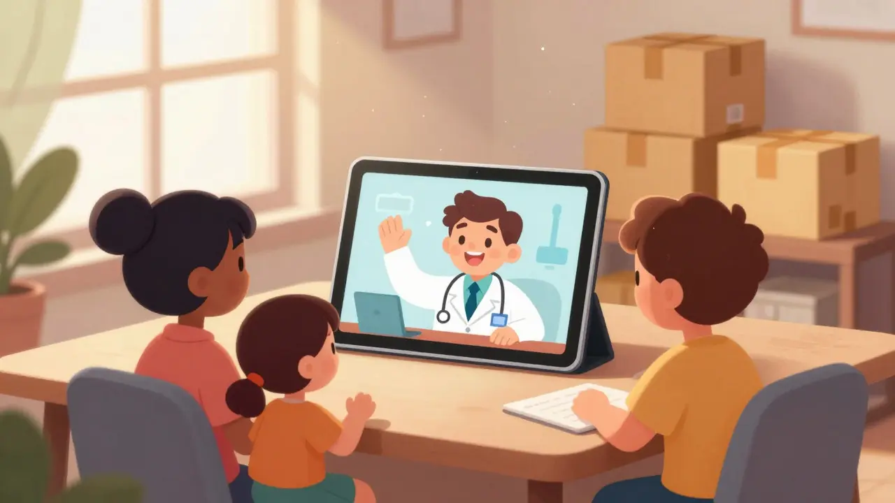 Family having a video consultation with a doctor on a tablet at home