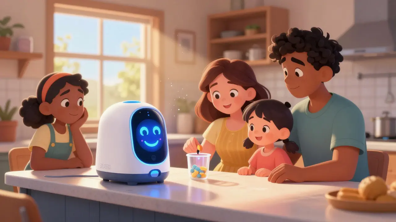 Family using a friendly smart medication dispenser in a sunny kitchen.