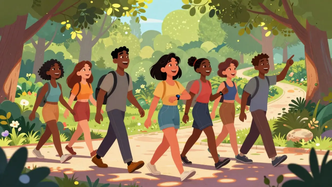 Friends walking happily in a sunny park