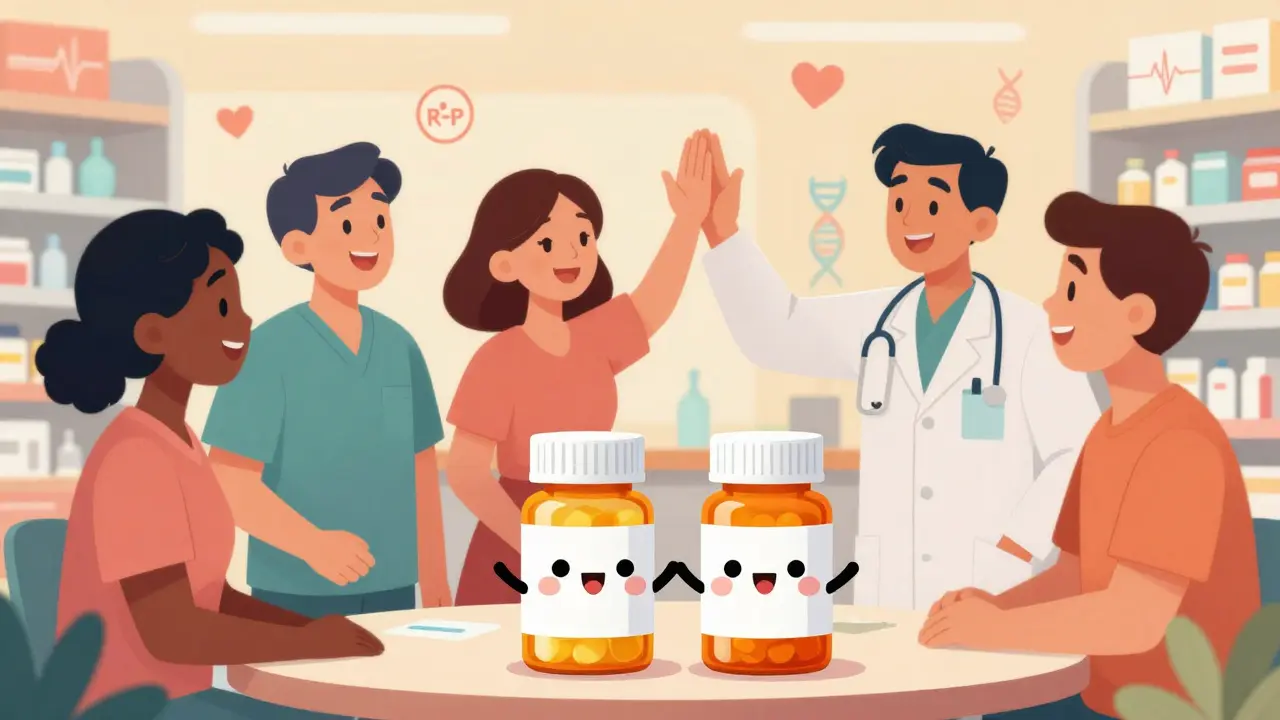 Happy patients and doctors celebrating generic drug efficacy