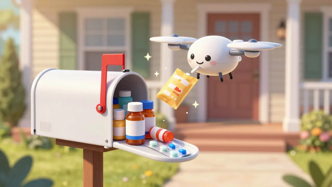 Magical mailbox receiving medicine deliveries from a cute drone