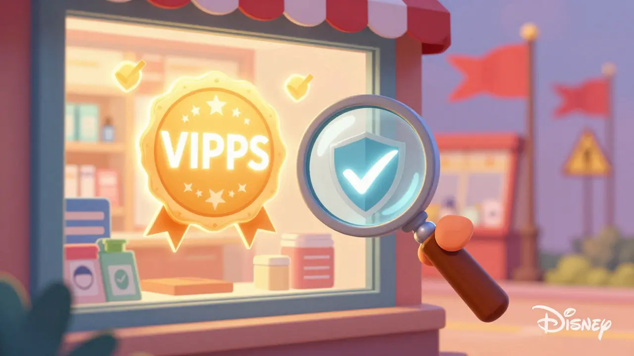 Magnifying glass checking for VIPPS safety seal on online pharmacy site