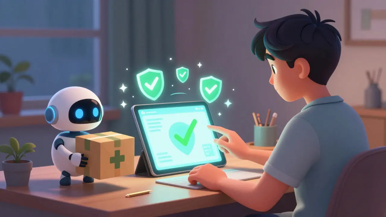 Person using tablet for safe online pharmacy order with delivery bot