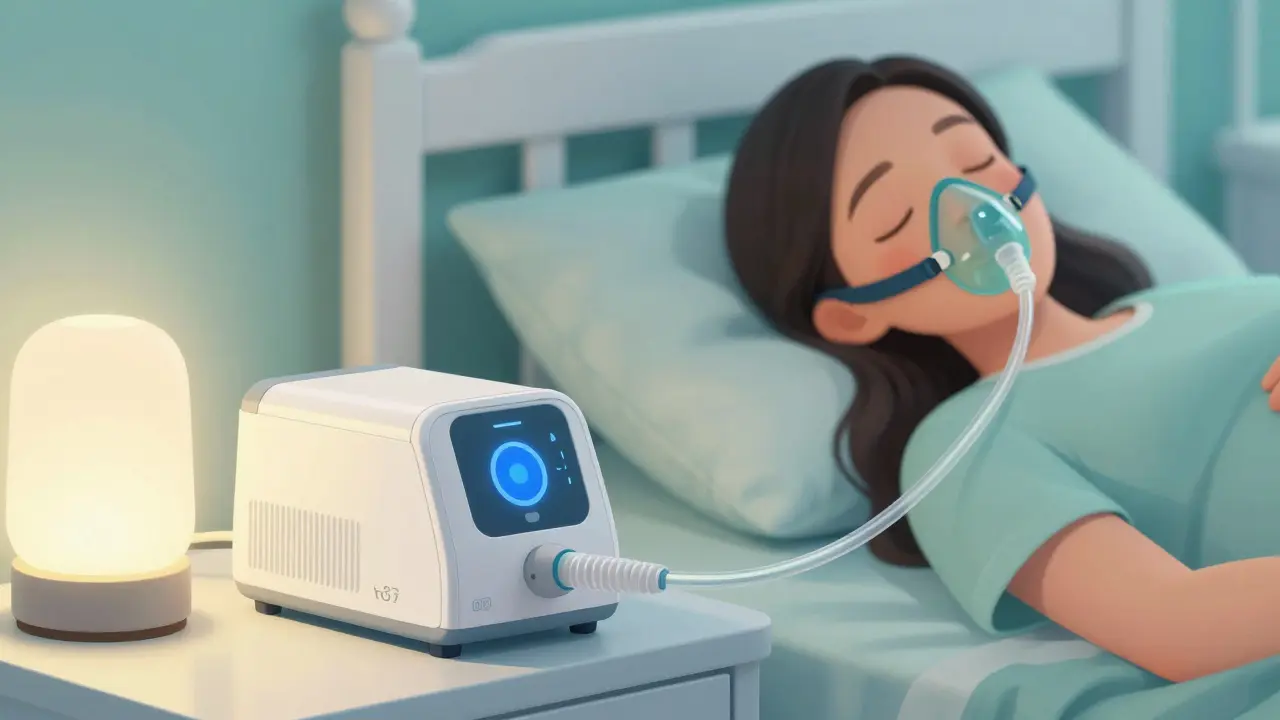 Pregnant woman using a CPAP machine for better sleep quality at night