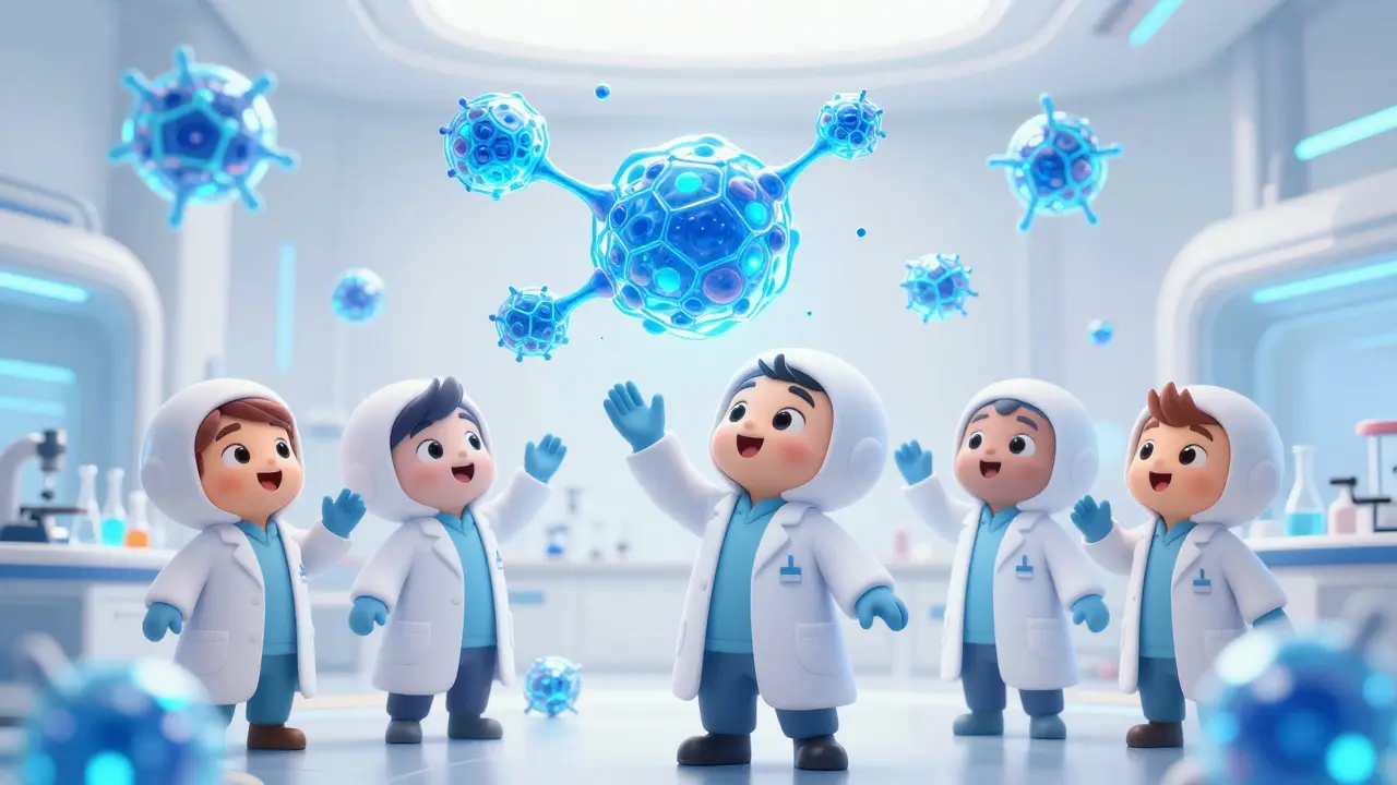 Scientists in lab manipulating glowing blue biological molecule shapes