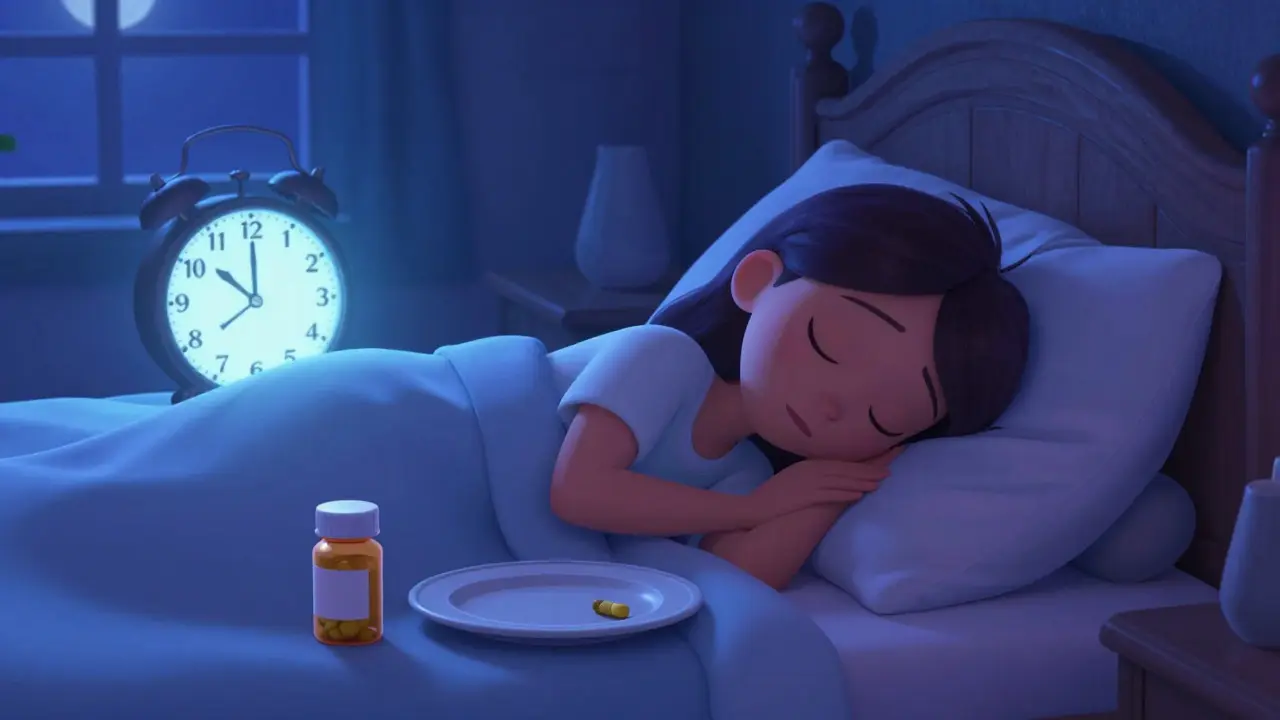 Sleeping character with pill bottle beside empty plate