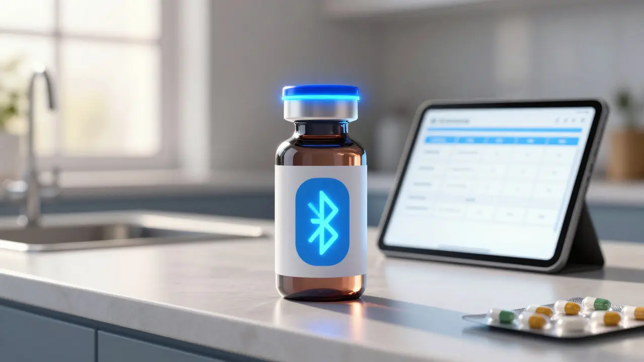 Smart medicine bottle with glowing LED ring indicating digital health tracking