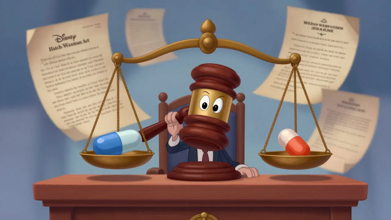 Whimsical courtroom scene with gavel balancing brand and generic pills
