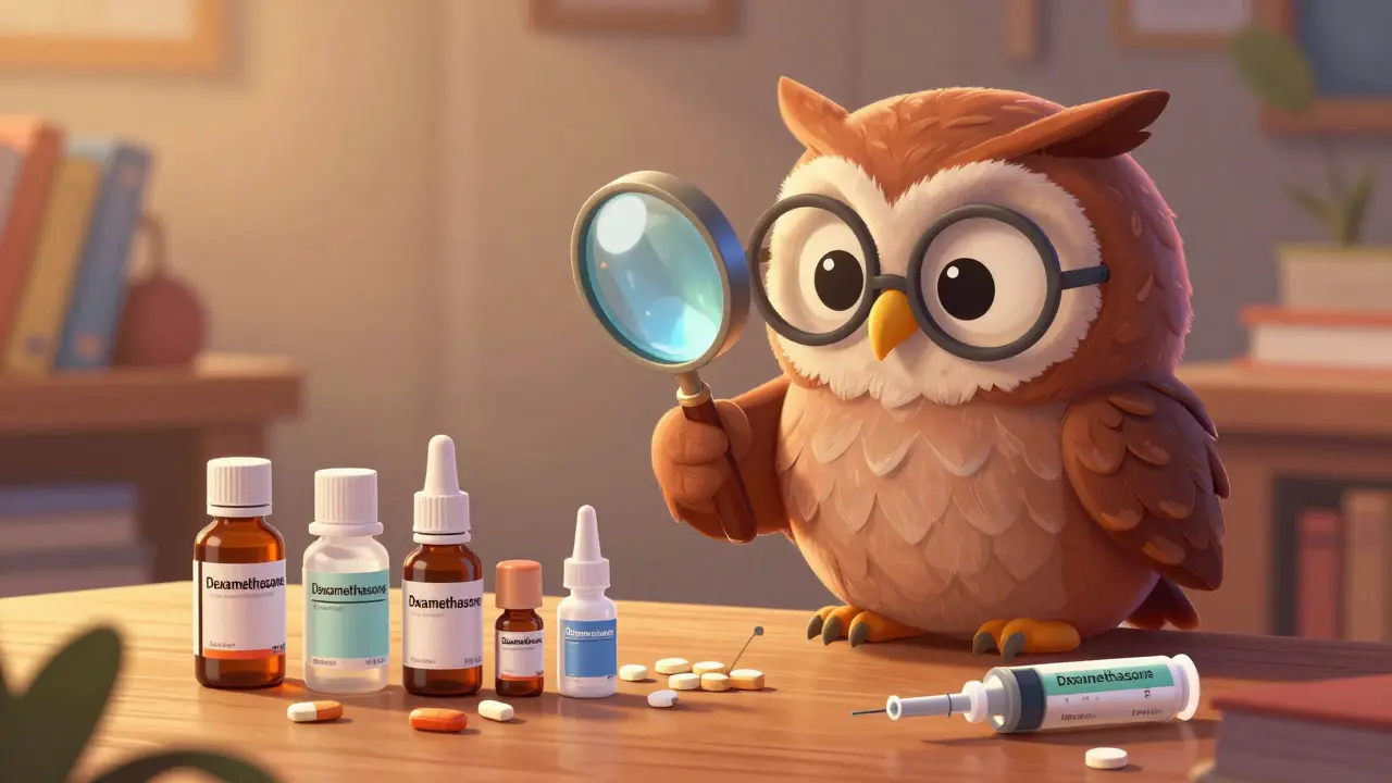 Wise owl examining different Dexamethasone formulations with a magnifying glass.