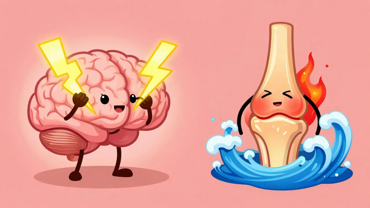 Cartoon brain blocking pain vs joint reducing inflammation