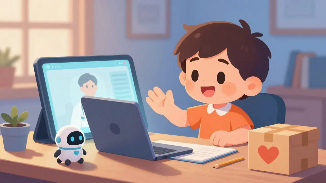 Cartoon character using telehealth service with delivery package nearby