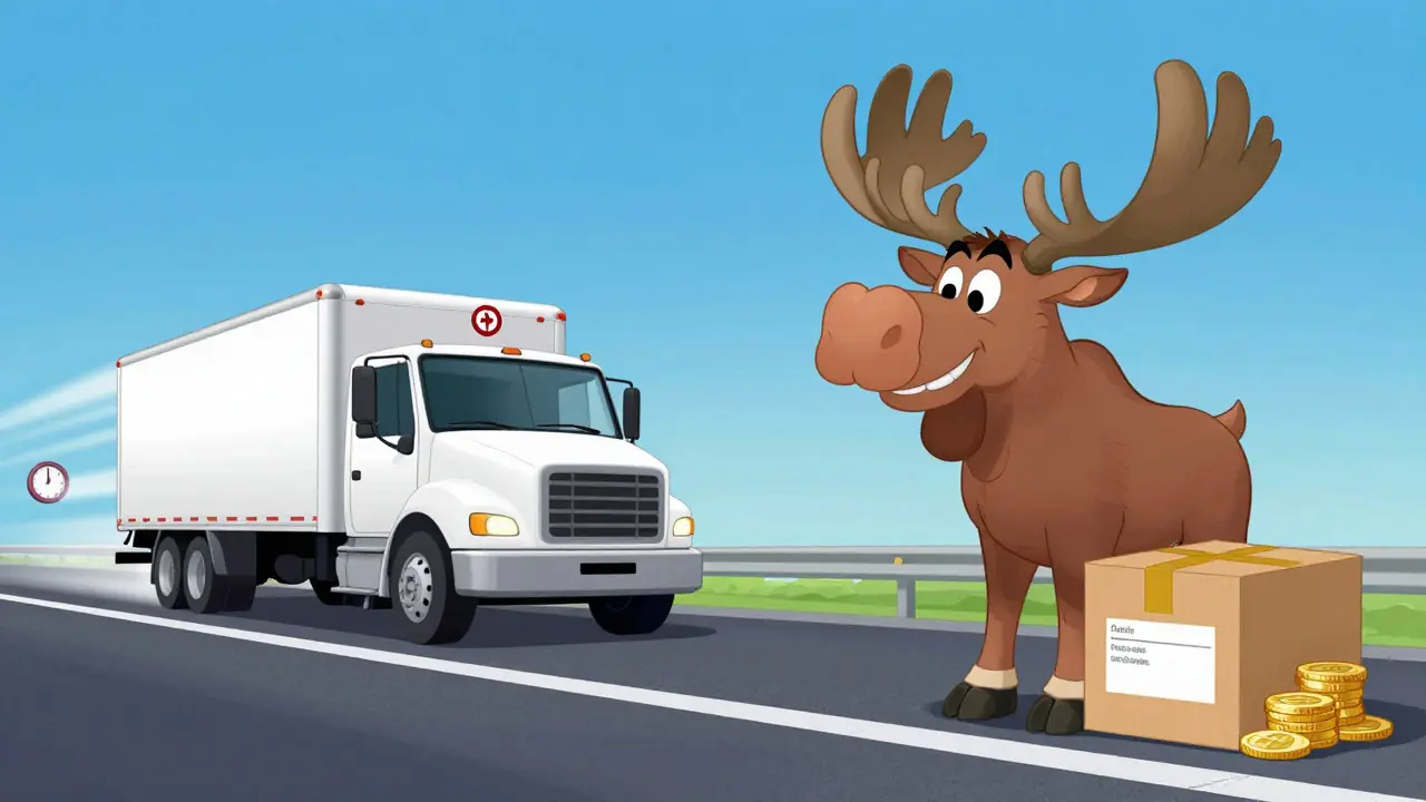 Cartoon comparison of a fast delivery truck versus a Canadian moose with a mail box