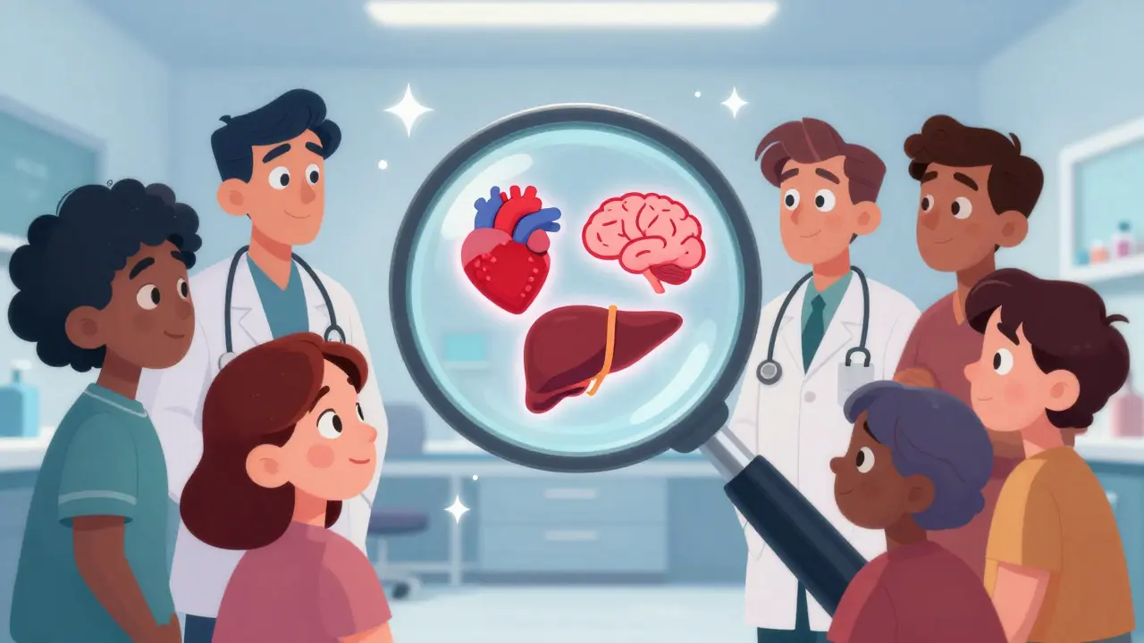 Cartoon doctors and patients examining health risks through a large magnifying glass