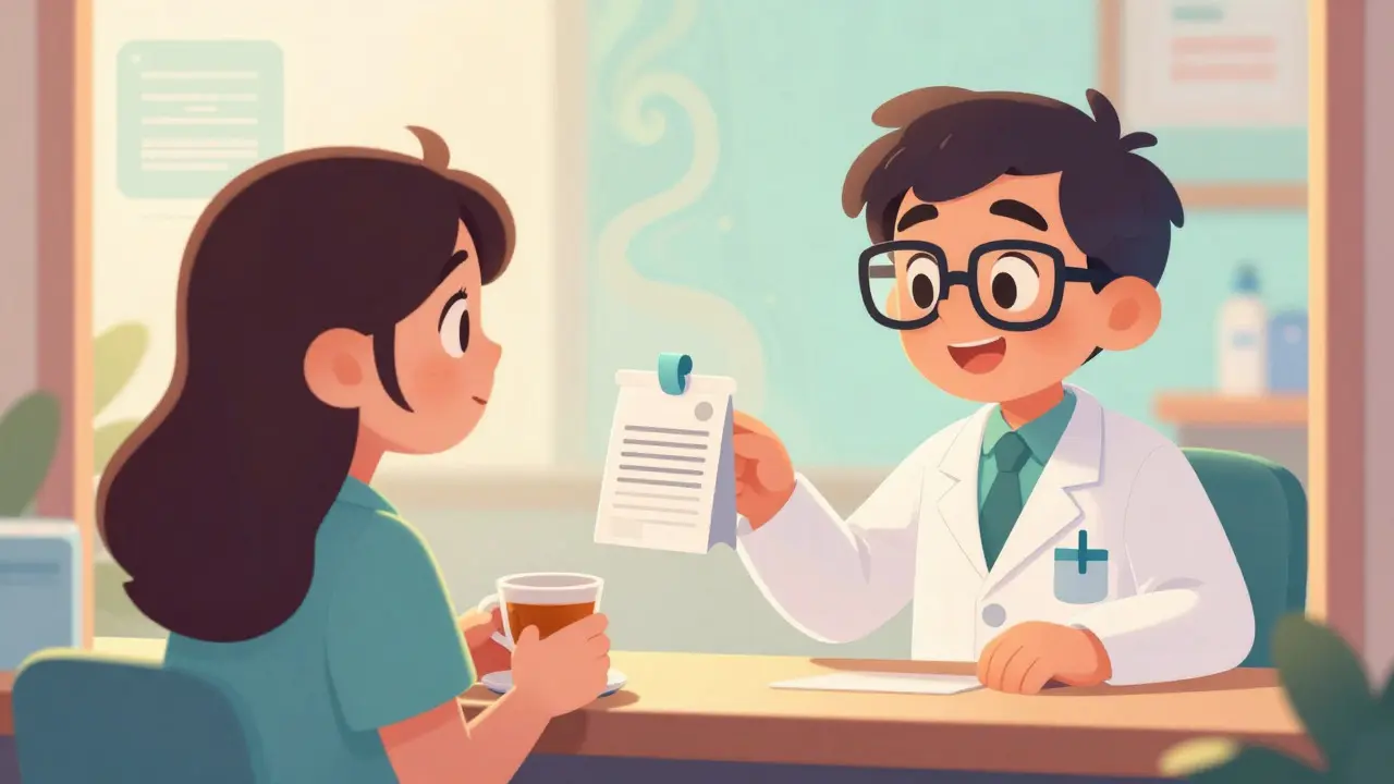 Cheerful pharmacist explaining a prescription to a relaxed patient at a counter