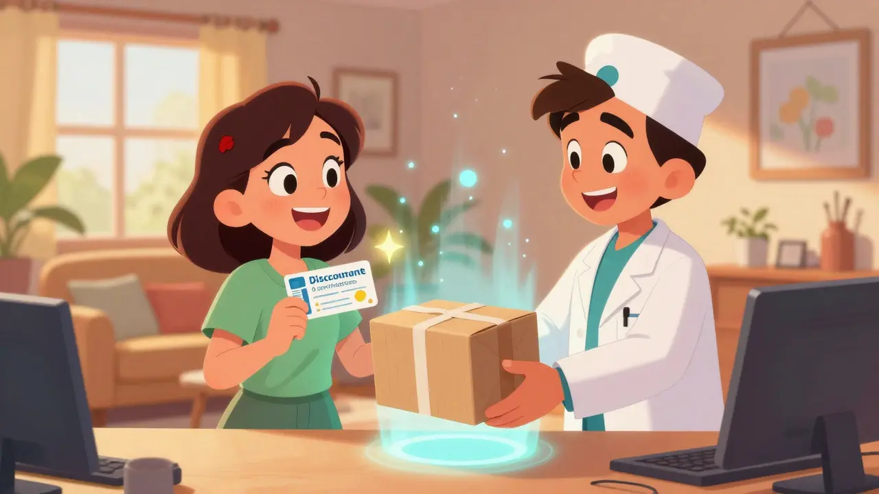 Happy cartoon customer receiving a medicine package from a friendly pharmacist