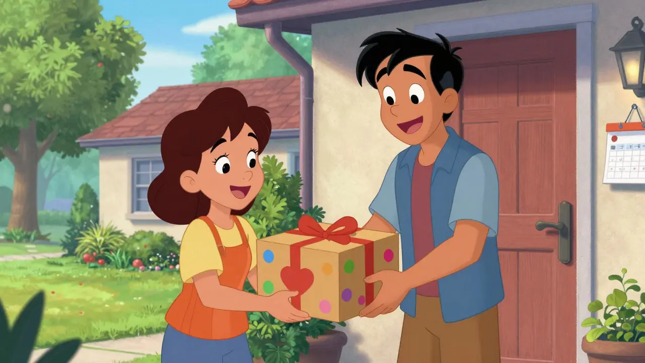 Happy family receiving a medication package at their front door