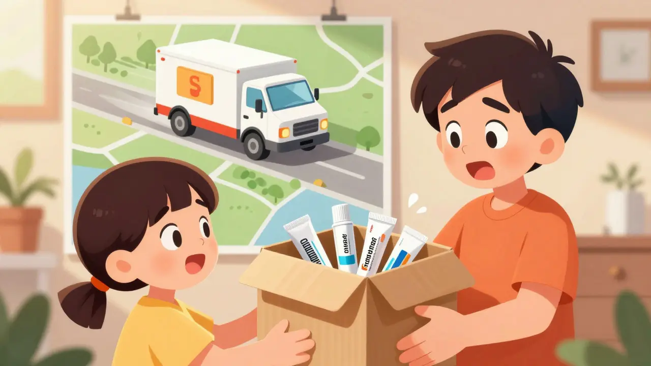 Happy person opening a box of affordable generic medication online