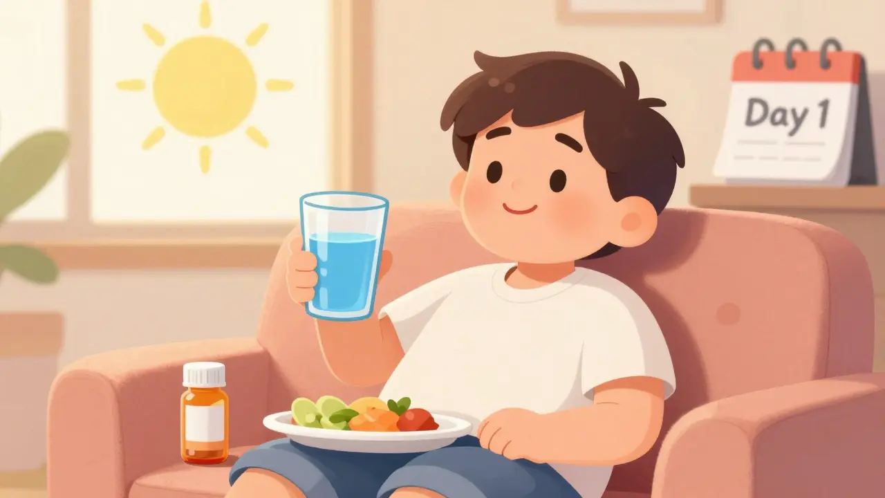 Happy person taking medication safely with water and food