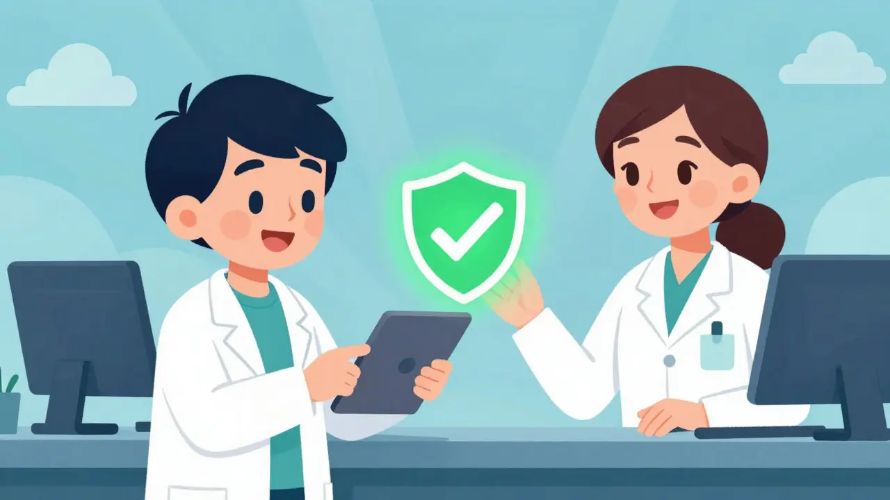Illustration of doctor and pharmacist exchanging a secure prescription