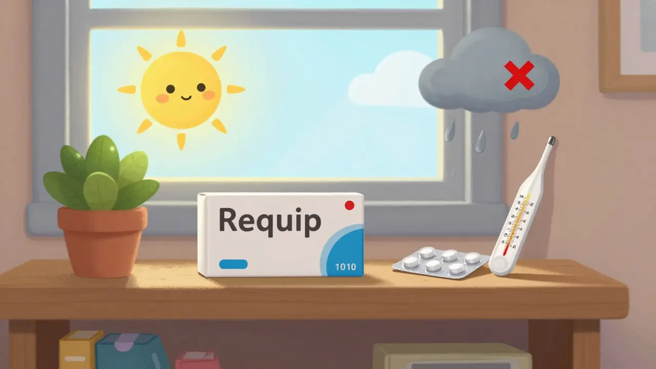 Medication stored safely at room temperature away from moisture and heat.